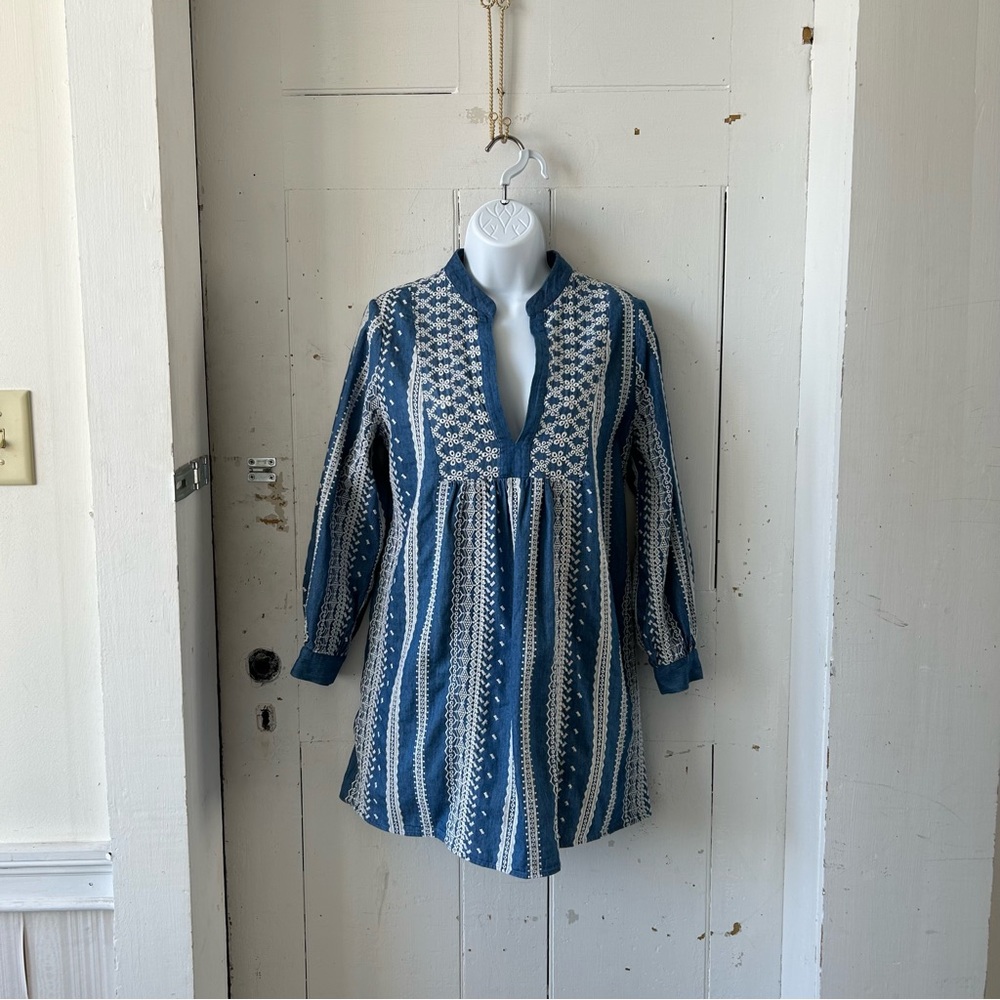Zara Embroidered Eyelet Chambray Tunic Peasant Mini Dress